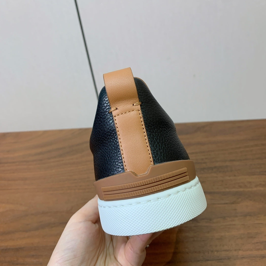 Zegna Triple Stitch em Couro Granulado Preto/Laranja
