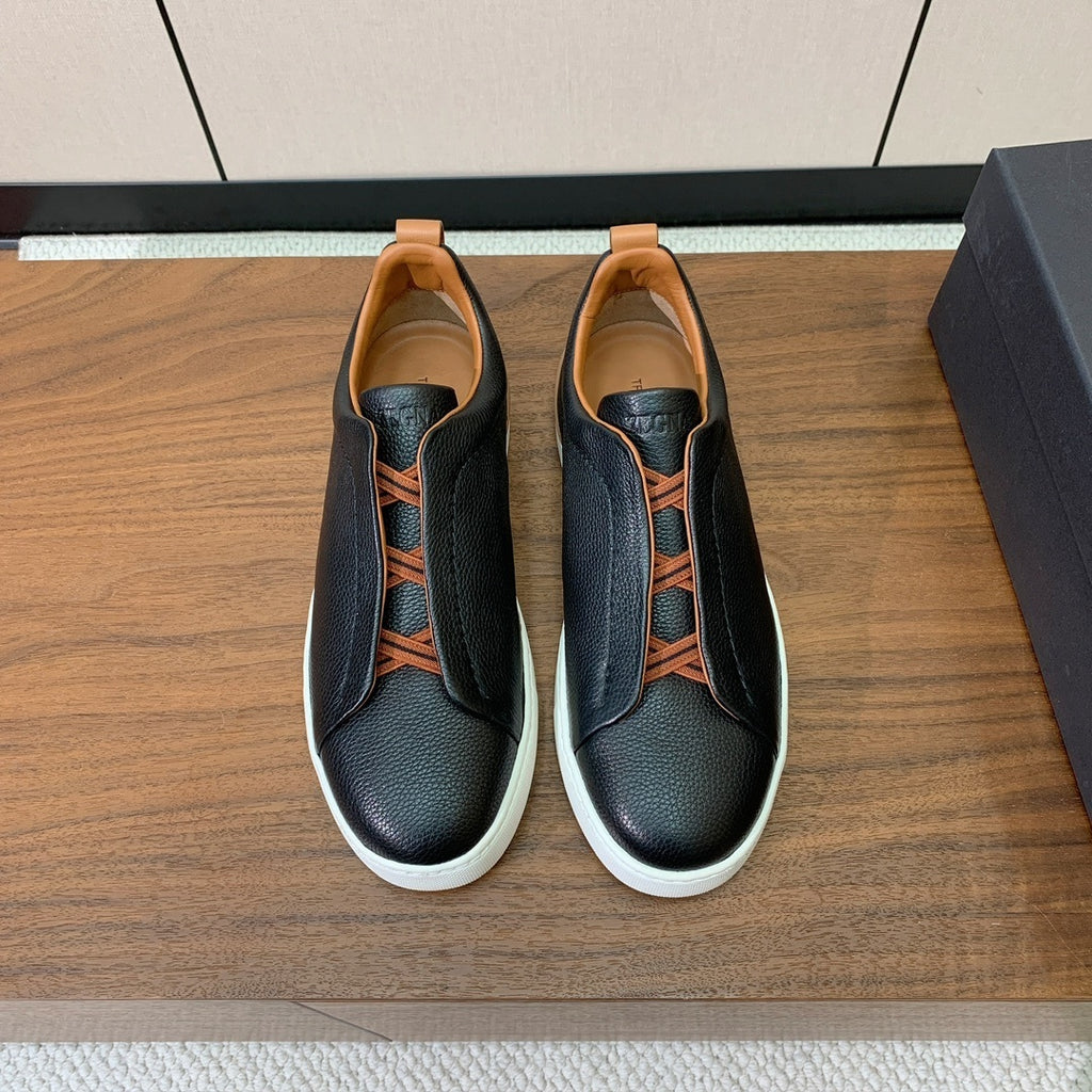 Zegna Triple Stitch em Couro Granulado Preto/Laranja