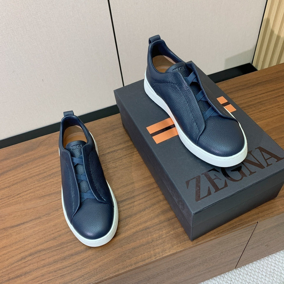Zegna Triple Stitch em Couro Granulado Azul Marinho