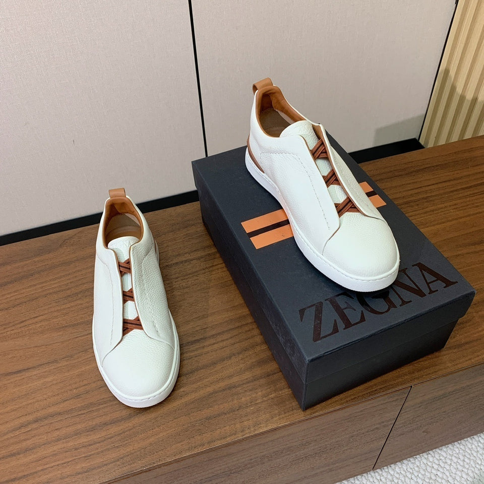 Zegna Triple Stitch em Couro Branco/Laranja
