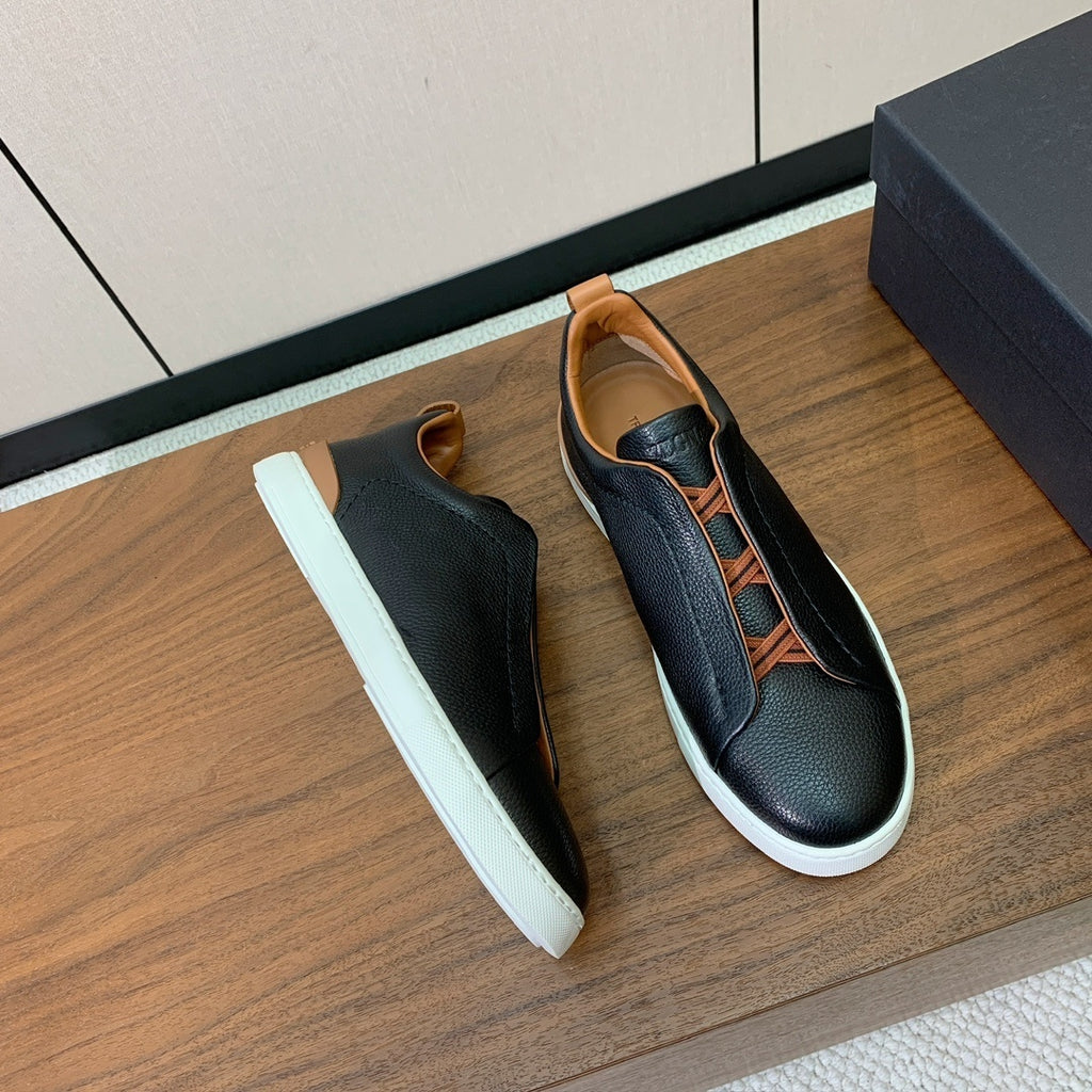 Zegna Triple Stitch em Couro Granulado Preto/Laranja
