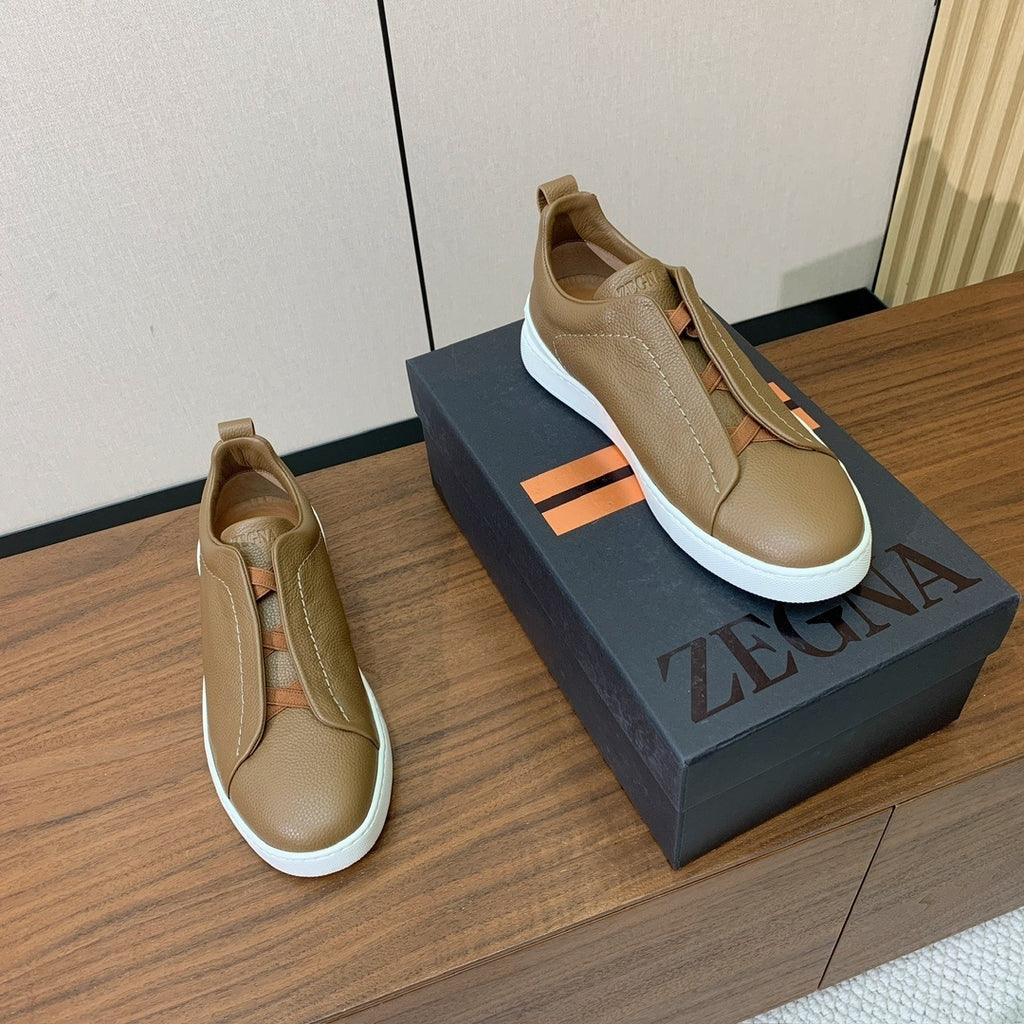Zegna Triple Stitch Secondskin Couro Marrom Camelo