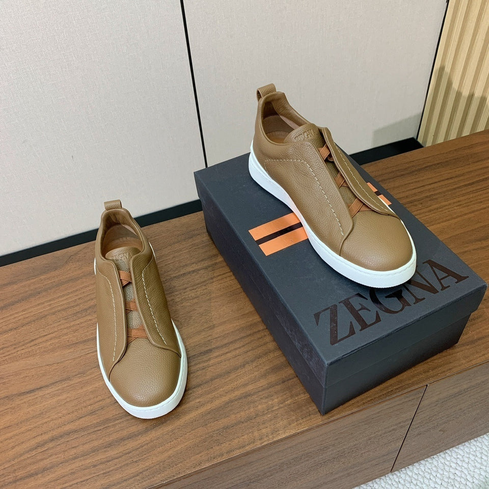 Zegna Triple Stitch Secondskin Couro Marrom Camelo