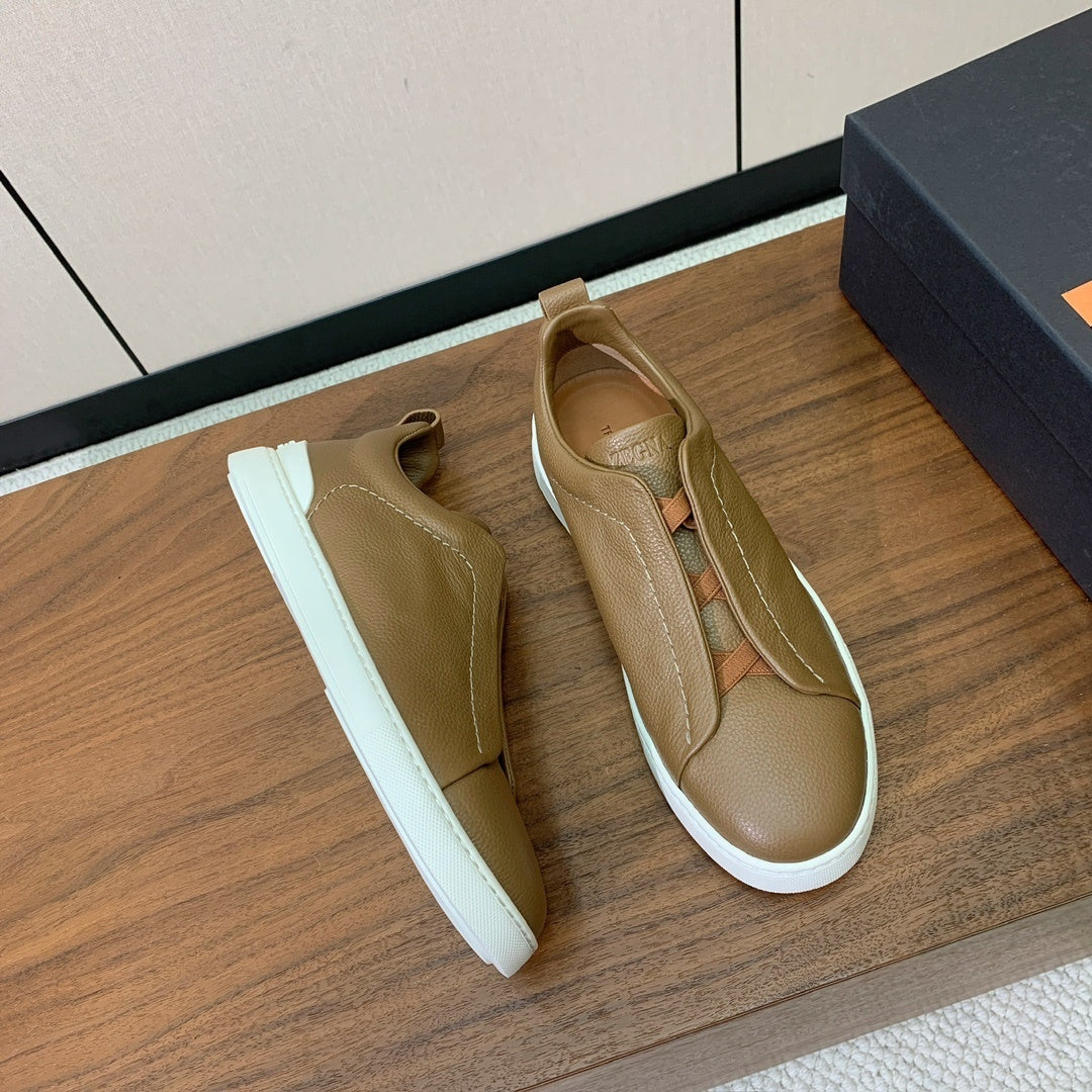 Zegna Triple Stitch Secondskin Couro Marrom Camelo