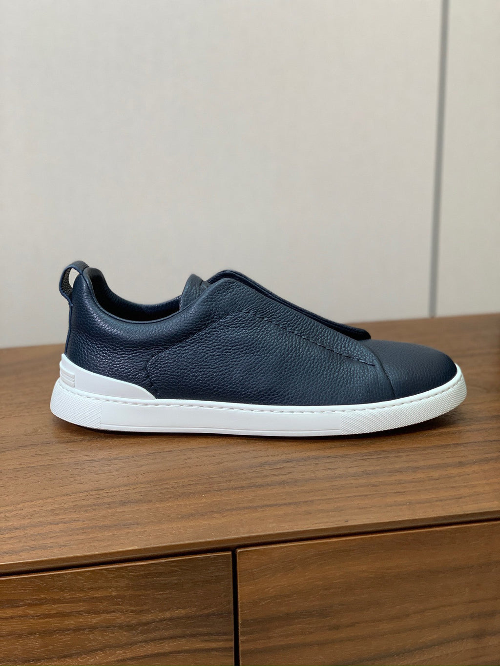 Zegna Triple Stitch em Couro Granulado Azul Marinho