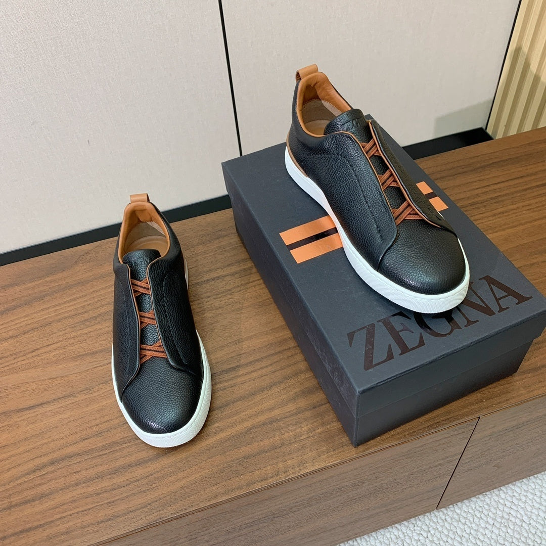 Zegna Triple Stitch em Couro Granulado Preto/Laranja