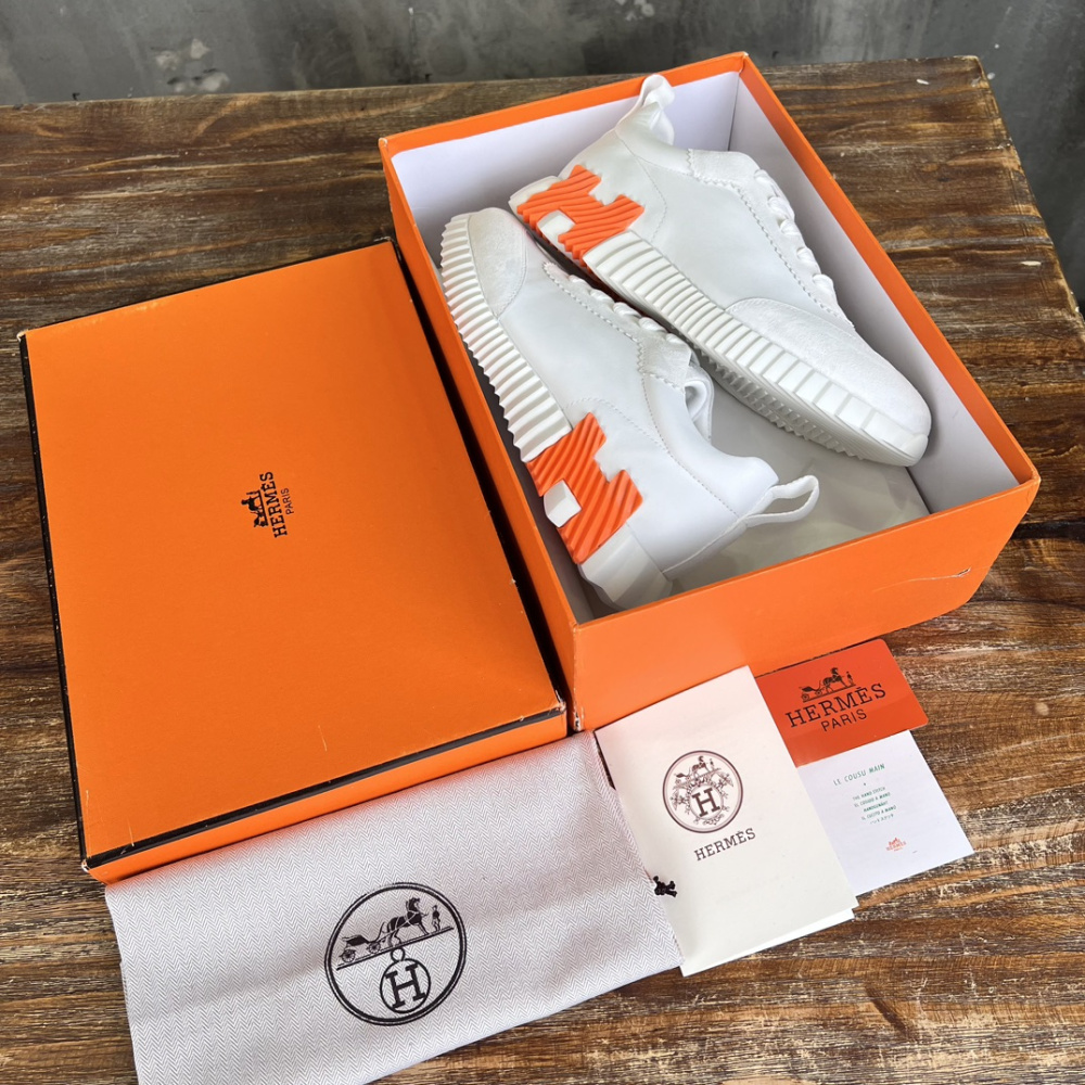 Tênis Hermès Bouncing Couro Branco/Laranja