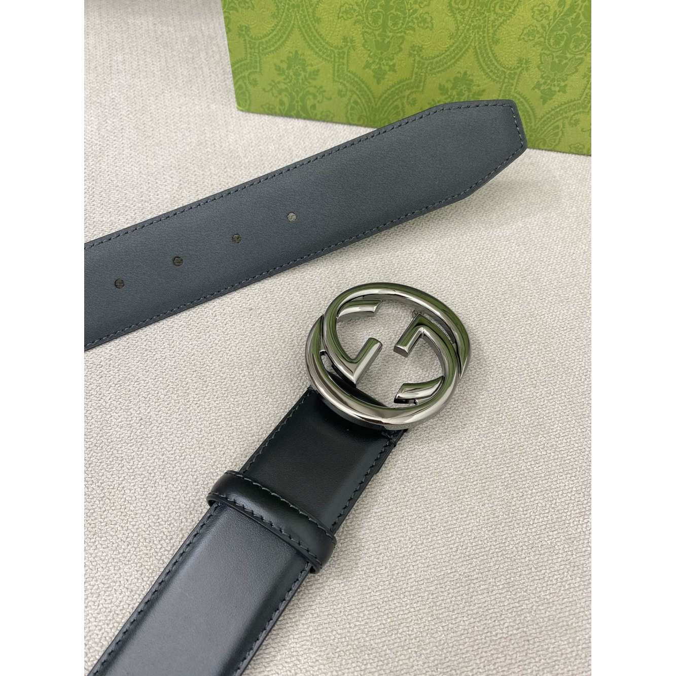 Cinto Gucci Couro Preto Ferragem Prata 4.0cm