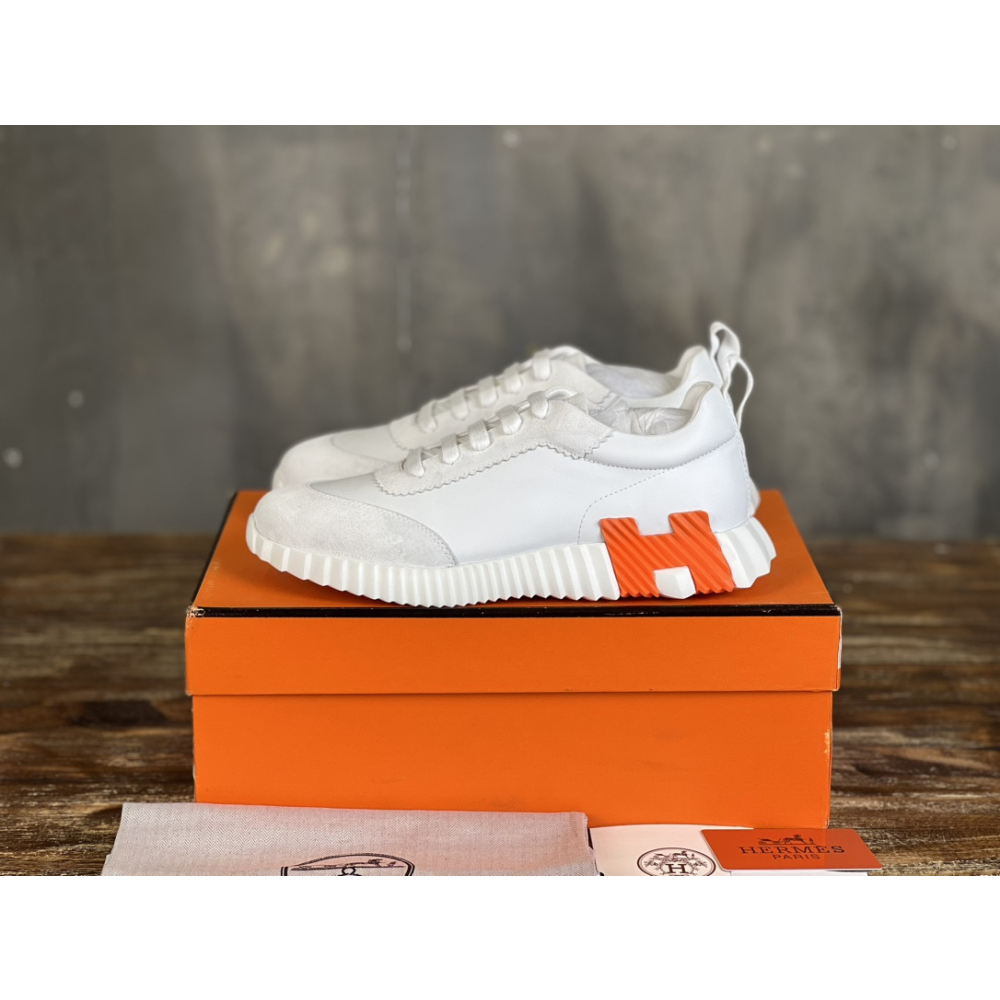 Tênis Hermès Bouncing Couro Branco/Laranja
