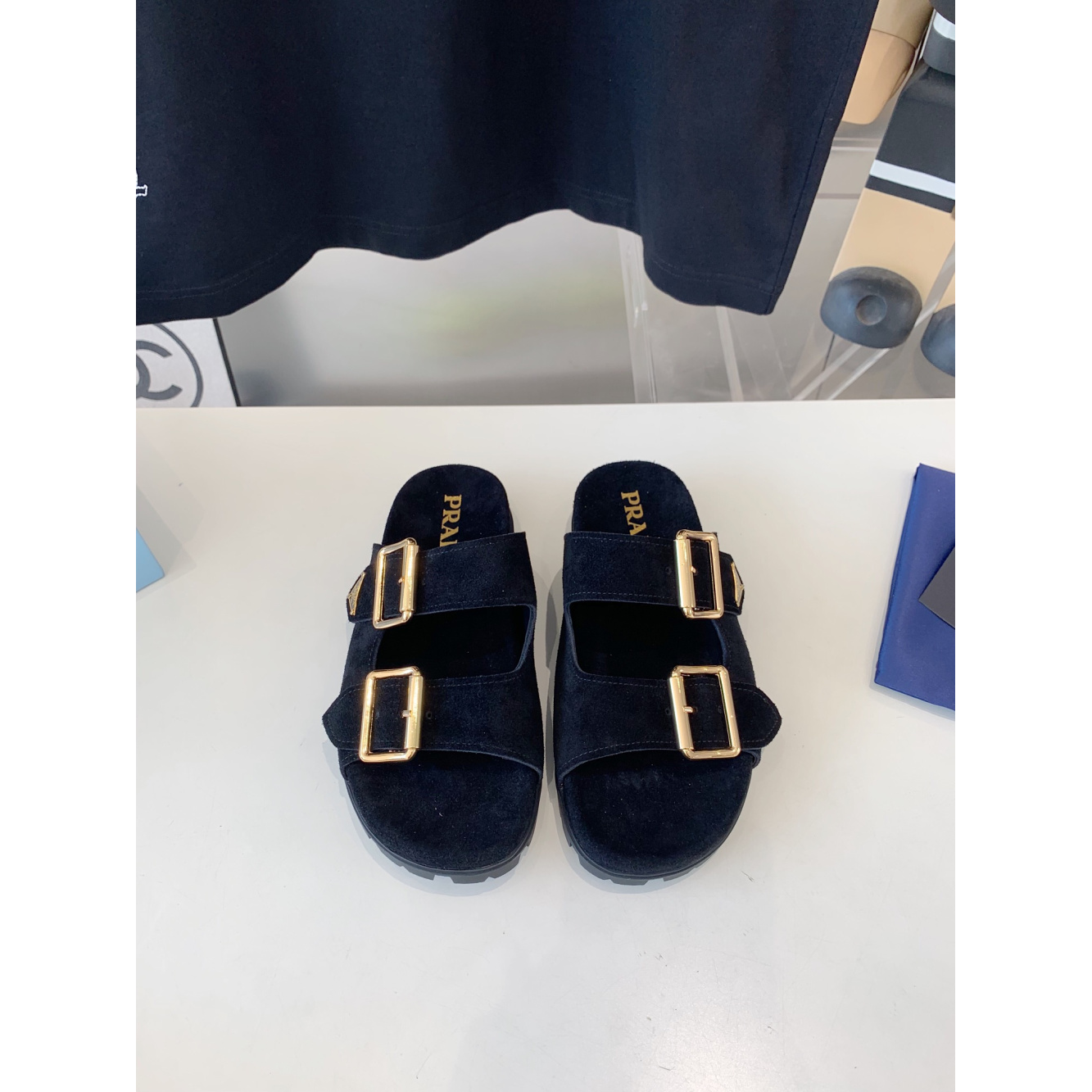 Sandália Prada Slide com tira em Camurça Azul