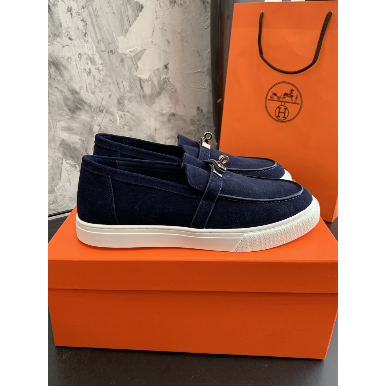Tênis Hermès Slip-On Game em Camurça Azul Marinho
