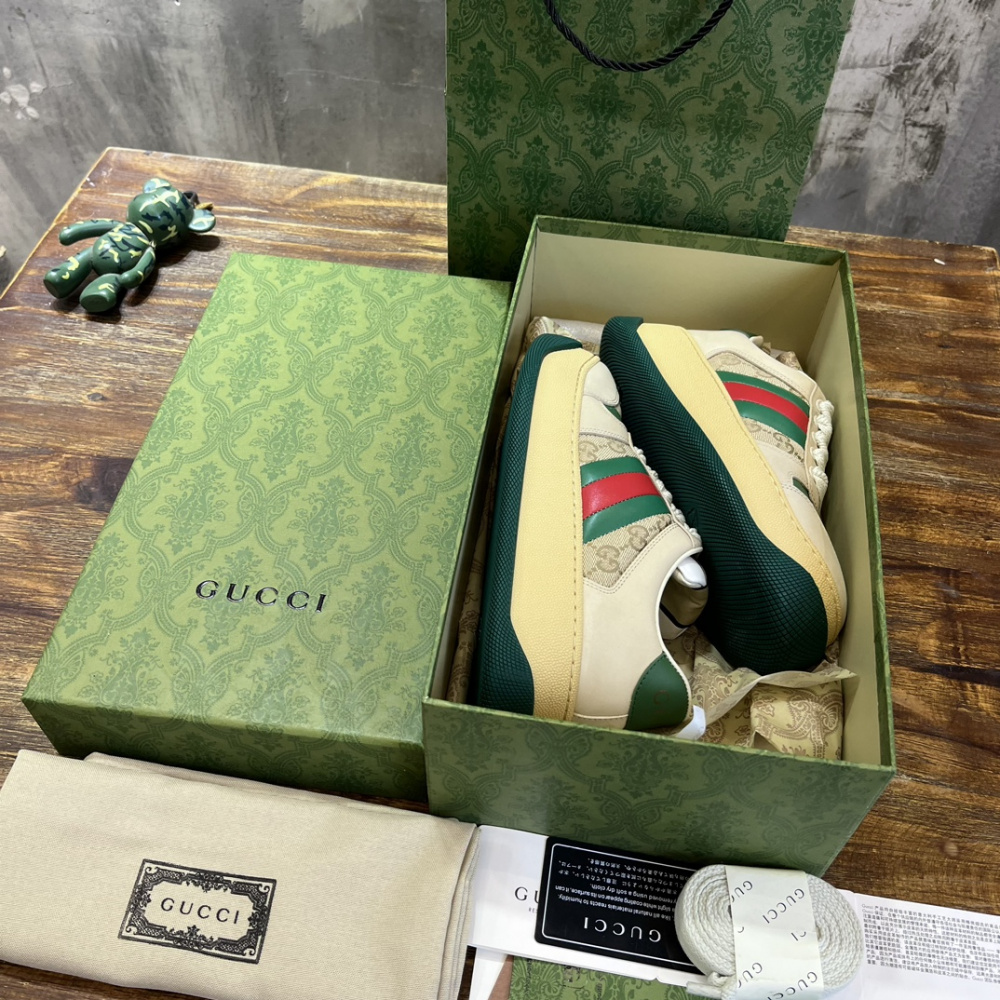 Tênis Gucci Screener With Web Couro Bege