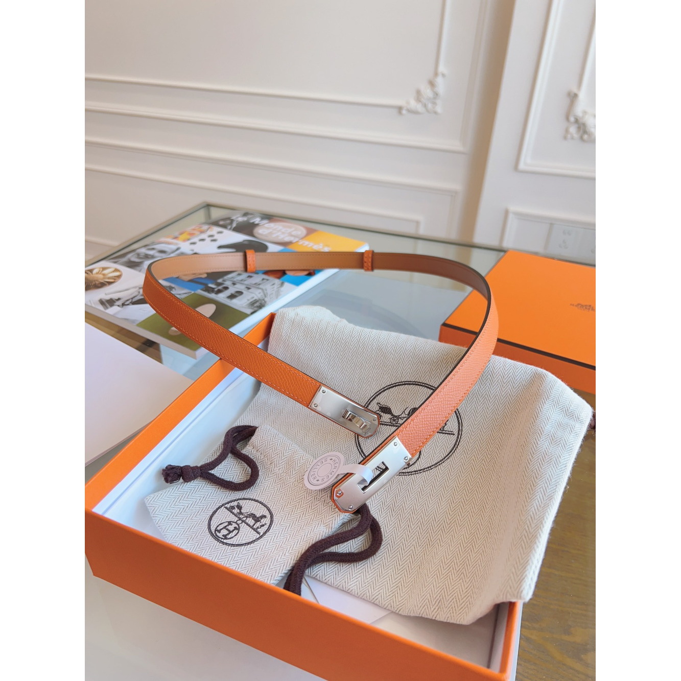 Cinto Hermès Kelly em Couro Laranja com Fivela Kelly Prata 1.8cm