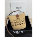 Bolsa Celine Bucket Louise Pequena em Ráfia e Couro 16x19x12cm