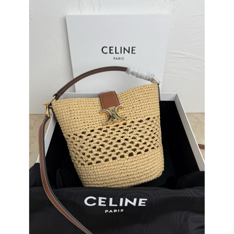 Bolsa Celine Bucket Louise Pequena em Ráfia e Couro 16x19x12cm