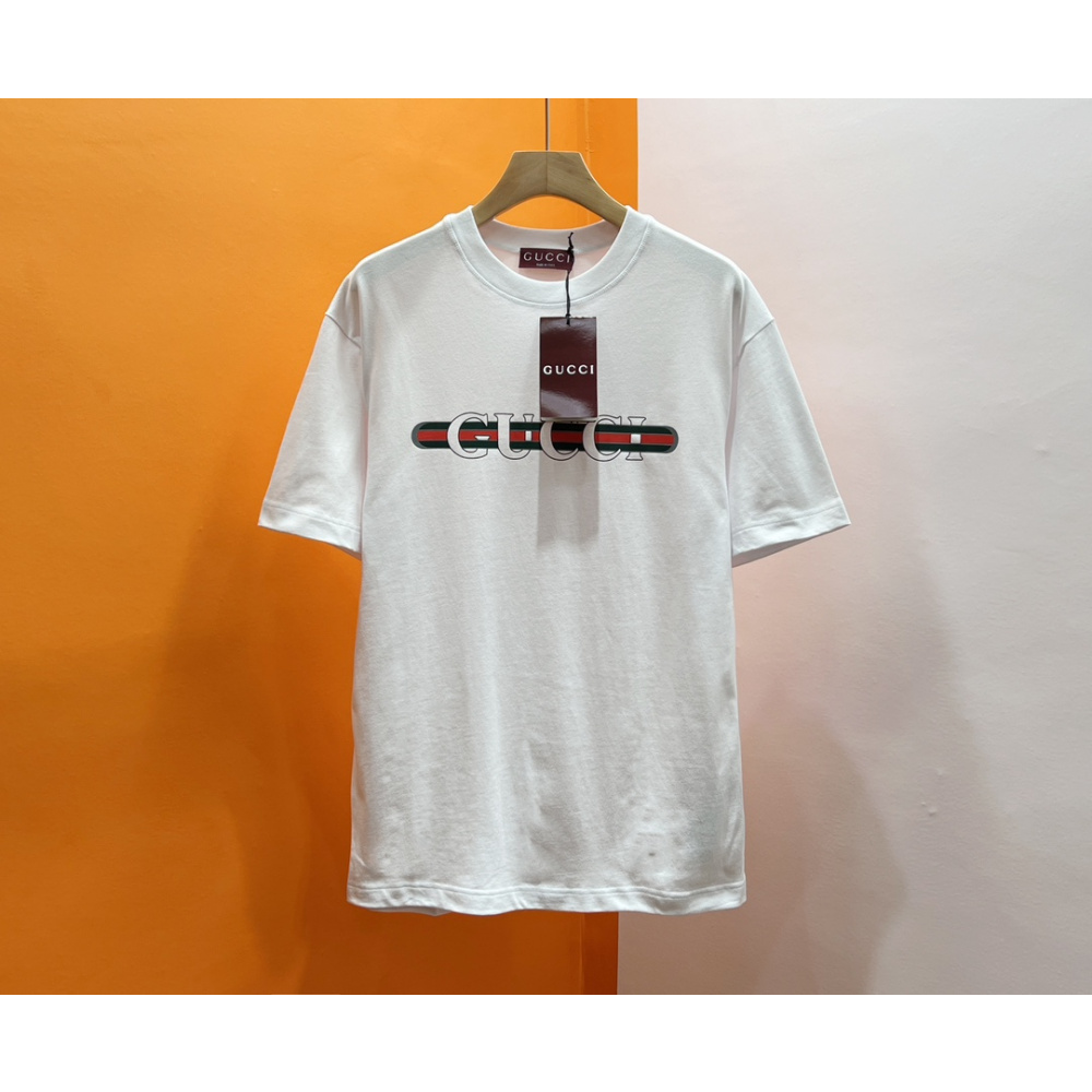 Camiseta de malha de algodão estampada Gucci Web Branca