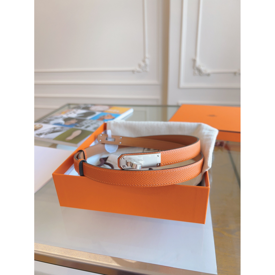 Cinto Hermès Kelly em Couro Laranja com Fivela Kelly Prata 1.8cm