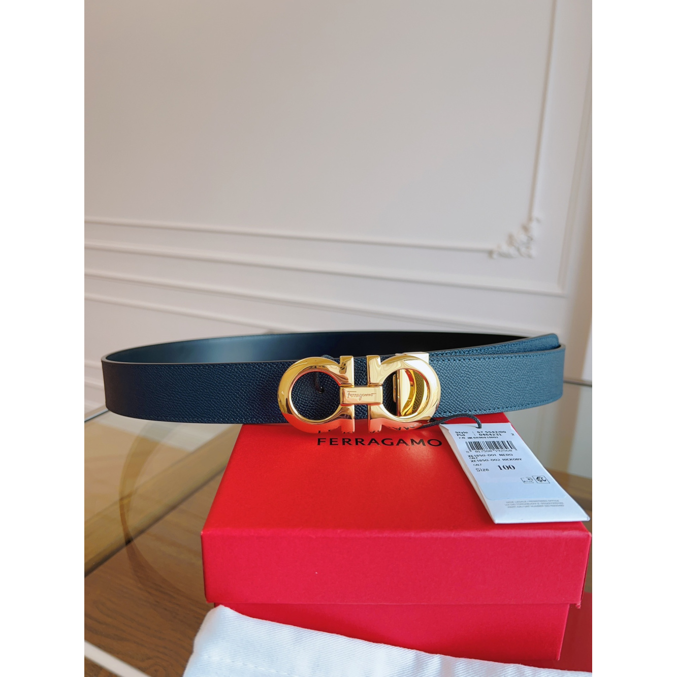 Cinto Salvatore Ferragamo Gancini Couro Granulado Preto Fivela Dourada 3,5cm