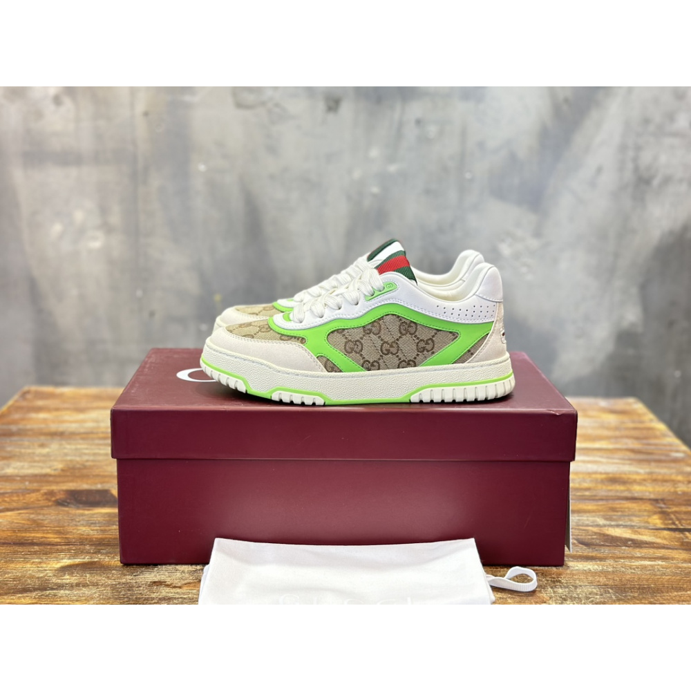 Gucci Sneaker Re-Web GG Canvas detalhe couro verde fluorescente