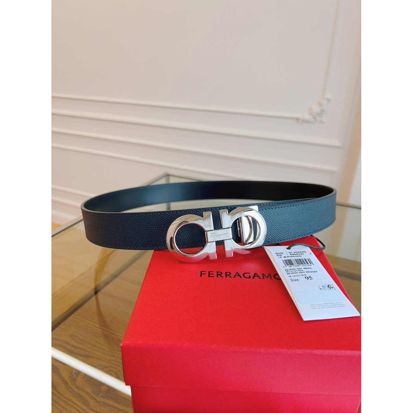 Cinto Salvatore Ferragamo Gancini Couro Granulado Preto Fivela Prata 3,5cm