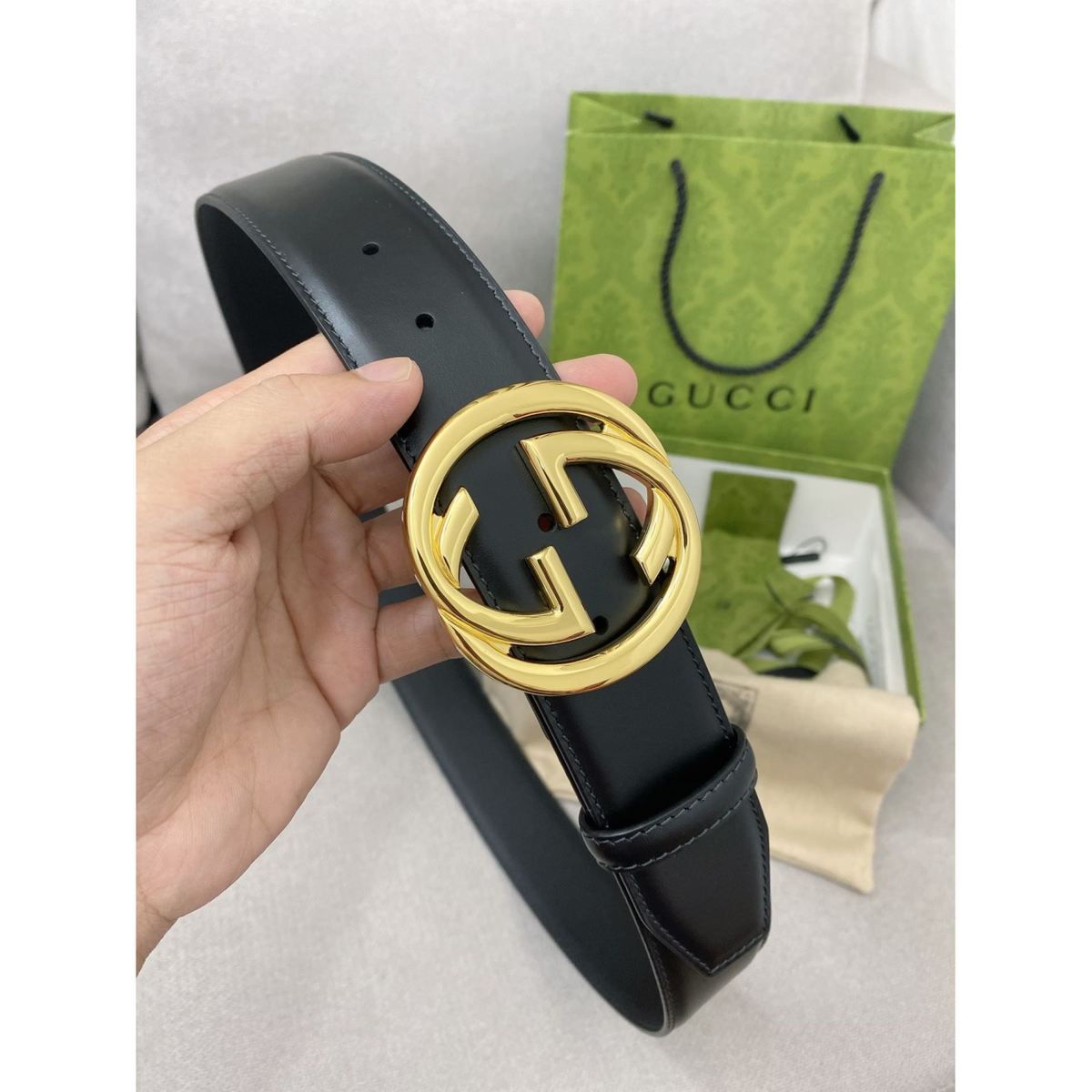 Cinto Gucci Couro Preto Ferragem Dourada 4.0cm