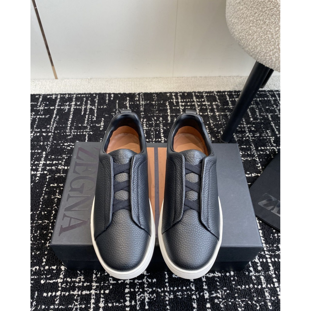 Zegna Triple Stitch em Couro Granulado Preto/Branco
