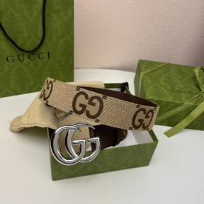 Cinto Gucci de Canvas GG Marmont Marron Ferragem Prata 4.0cm