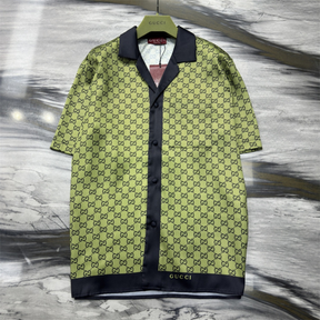 Conjunto Gucci Camisa e Bermuda Seda Verde e Azul Escuro
