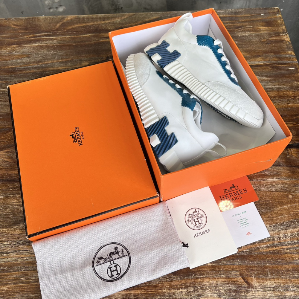 Tênis Hermès Bouncing Couro Branco/Azul