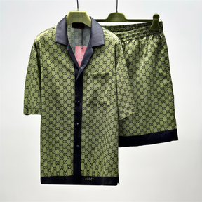 Conjunto Gucci Camisa e Bermuda Seda Verde e Azul Escuro