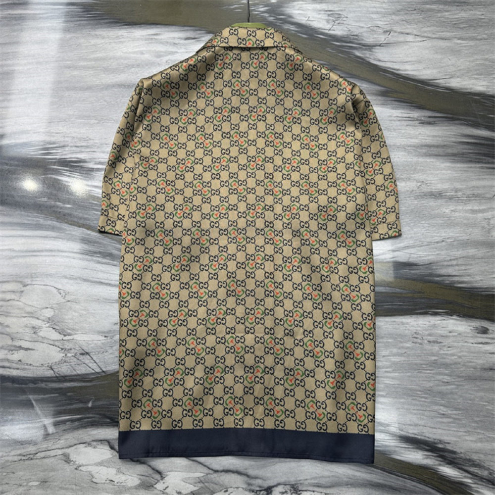 Camisa de Sarja de Seda com Estampa GG Horsebit Camelo e ébano