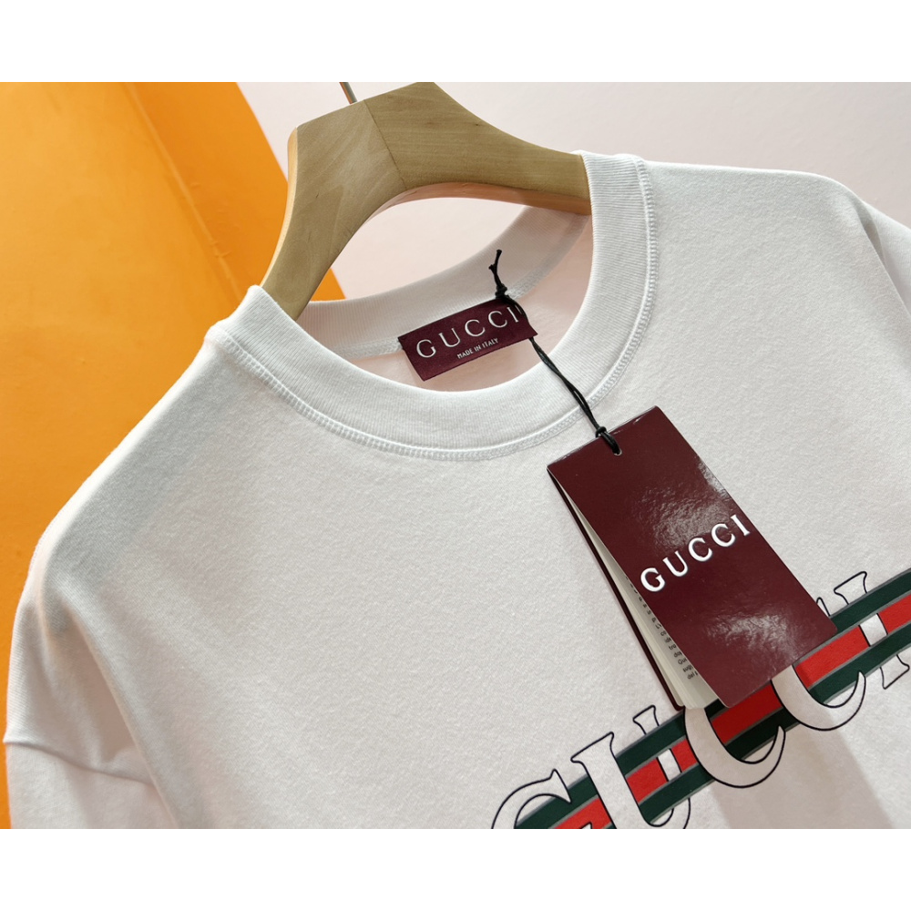 Camiseta de malha de algodão estampada Gucci Web Branca