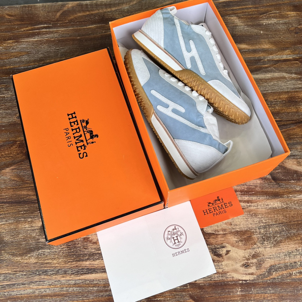 Tênis Hermès Jet em Lona técnica e camurça Azul/Branco