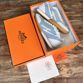 Tênis Hermès Jet em Lona técnica e camurça Azul/Branco