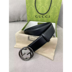 Cinto Gucci Couro Preto Ferragem Prata 4.0cm