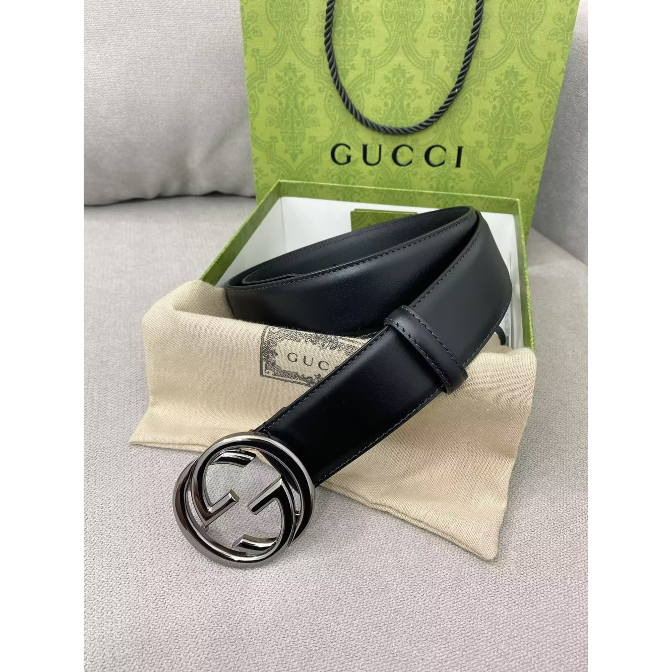 Cinto Gucci Couro Preto Ferragem Prata 4.0cm