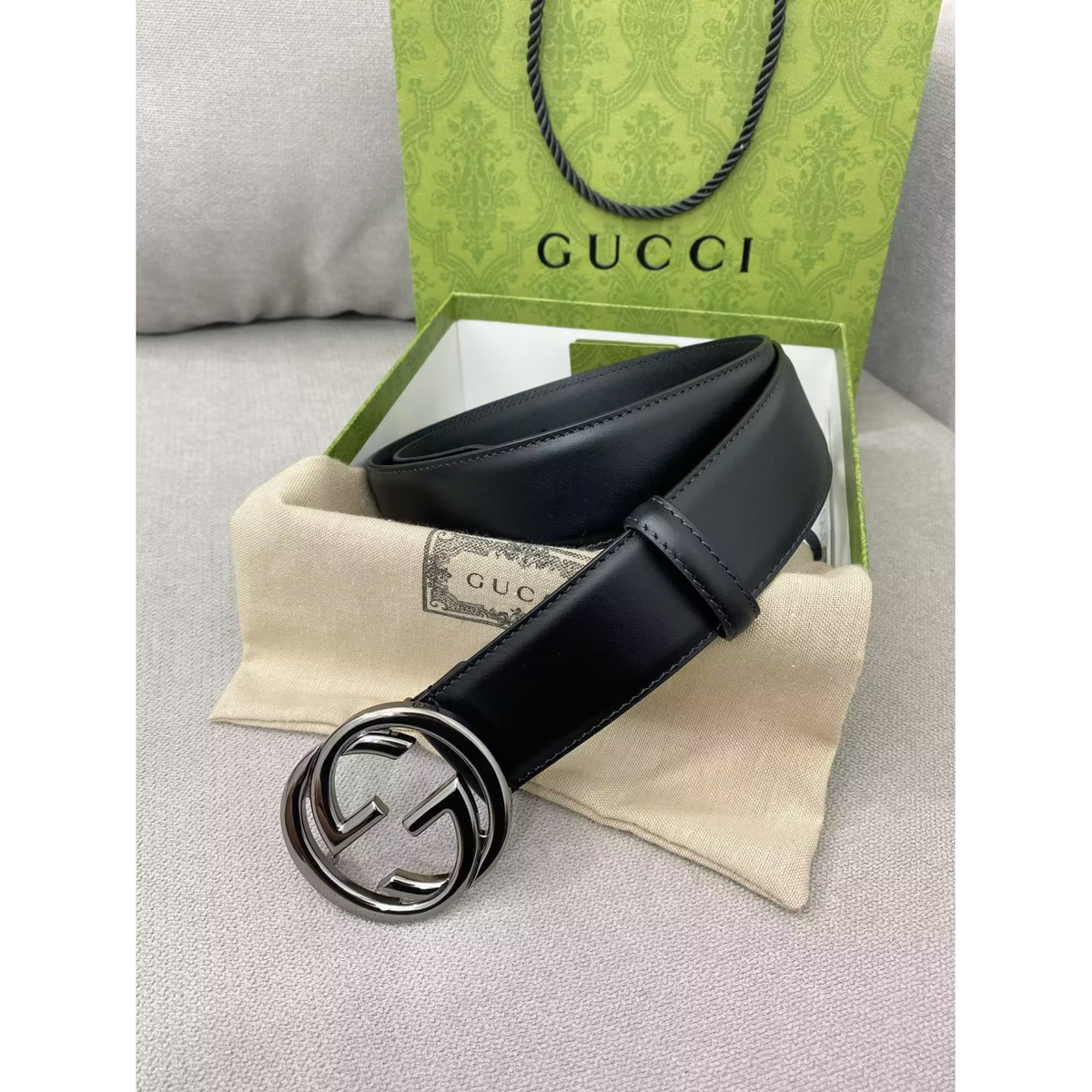 Cinto Gucci Couro Preto Ferragem Prata 4.0cm