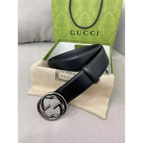 Cinto Gucci Couro Preto Ferragem Prata 4.0cm