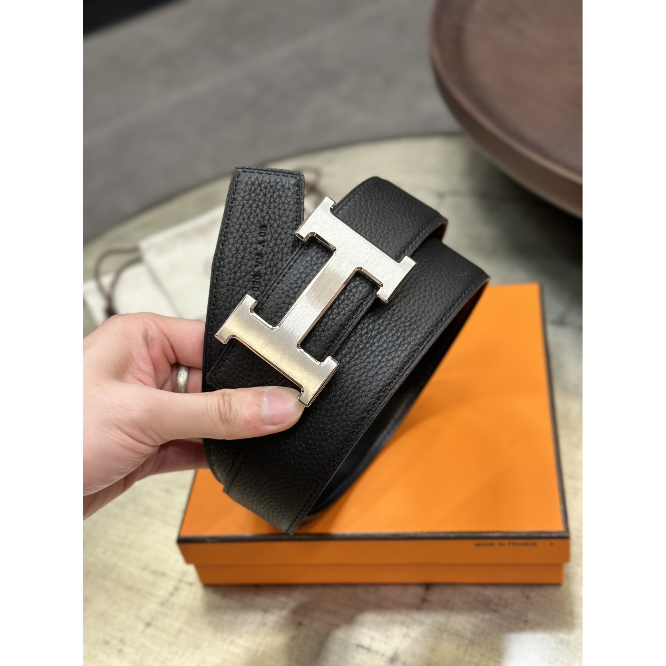 Cinto Hermès Constance e Correia em Couro 3.8cm Preto Ferragem Prata