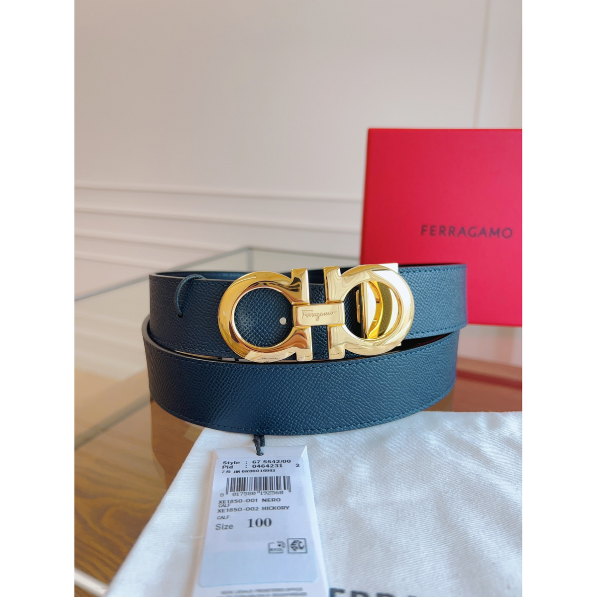 Cinto Salvatore Ferragamo Gancini Couro Granulado Preto Fivela Dourada 3,5cm