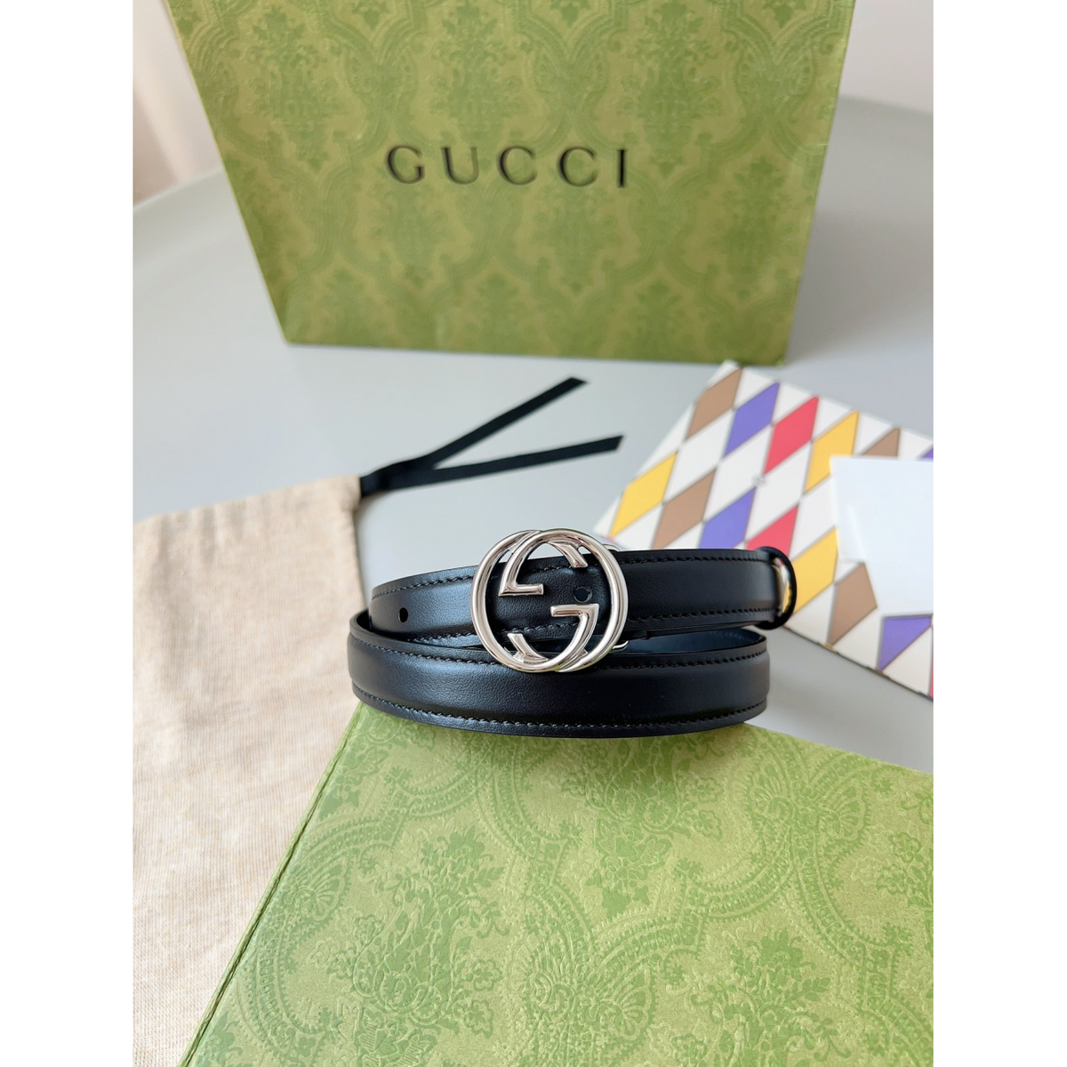 Cinto Gucci Couro Preto Ferragem Prata 2.0cm