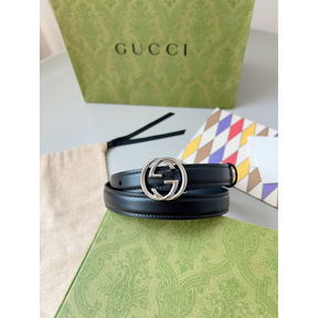 Cinto Gucci Couro Preto Ferragem Prata 2.0cm