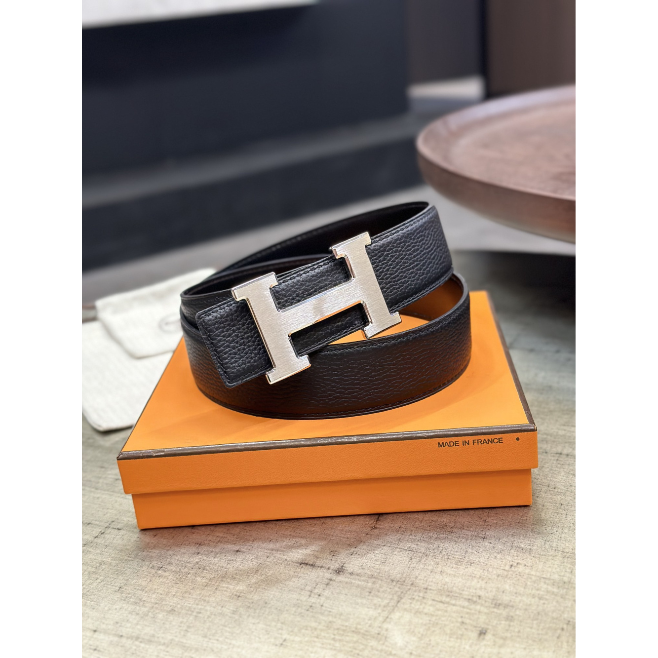 Cinto Hermès Constance e Correia em Couro 3.8cm Preto Ferragem Prata