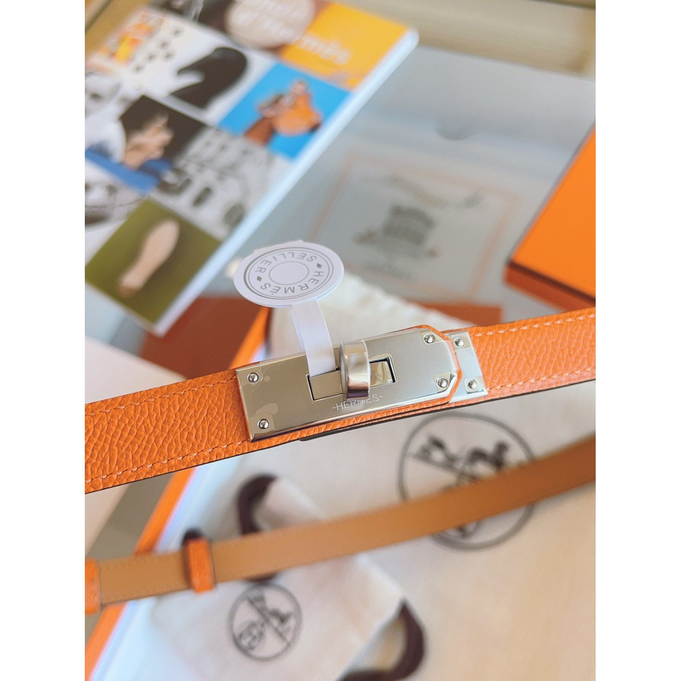 Cinto Hermès Kelly em Couro Laranja com Fivela Kelly Prata 1.8cm