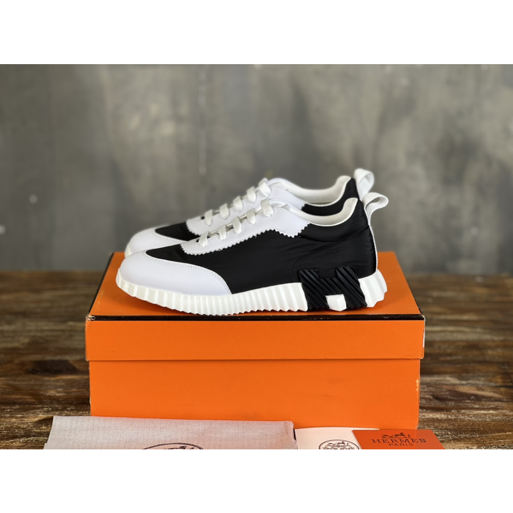 Tênis Hermès Bouncing Couro Preto/Branco/Laranja