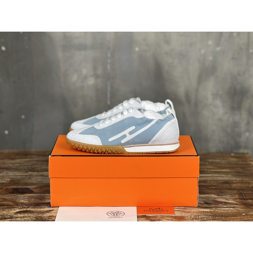 Tênis Hermès Jet em Lona técnica e camurça Azul/Branco
