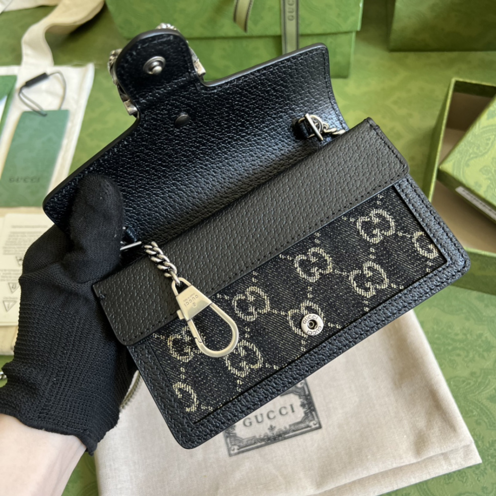 Bolsa Gucci Dionysus Estampa GG Preta Denin Super Mini 16.5x10x4cm