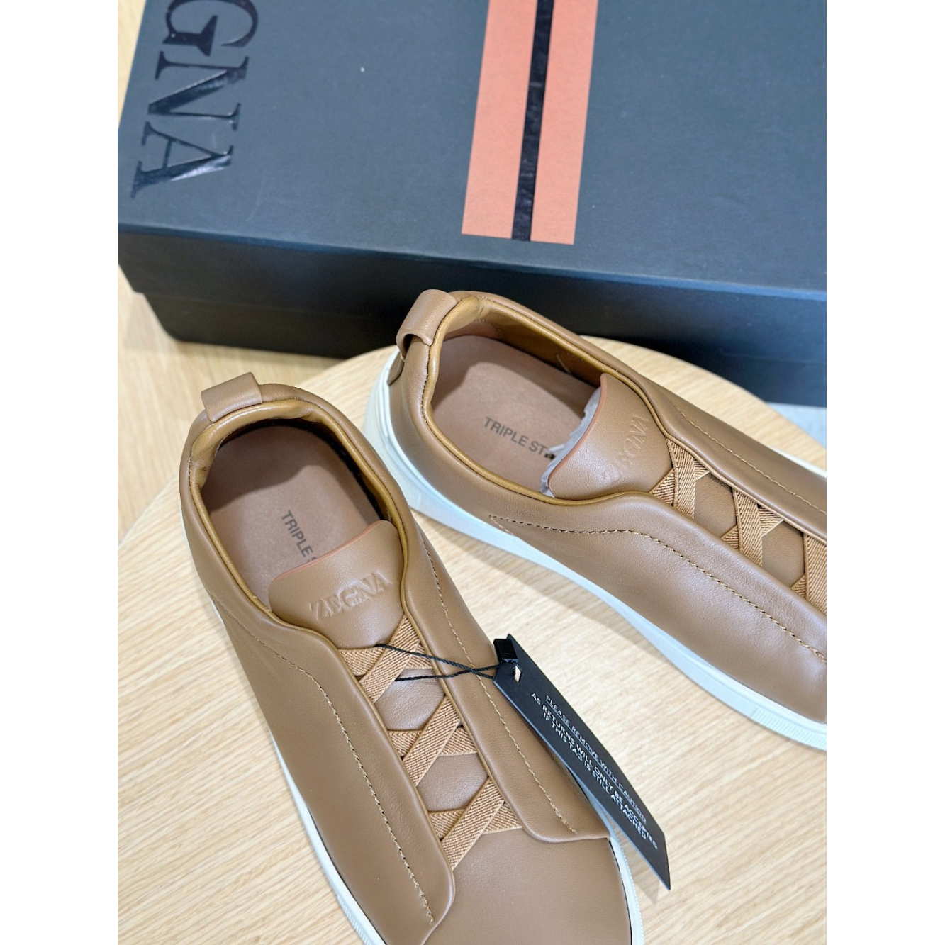 Zegna Triple Stitch Secondskin Couro Marrom Camelo