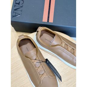 Zegna Triple Stitch Secondskin Couro Marrom Camelo