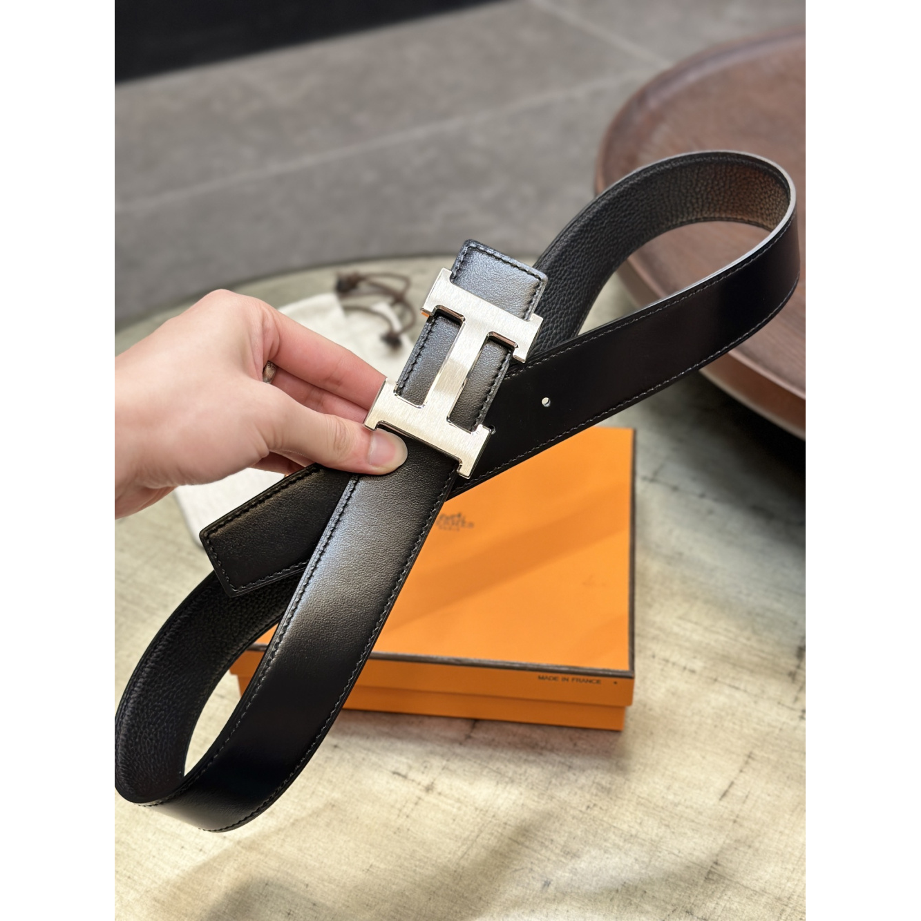 Cinto Hermès Constance e Correia em Couro 3.8cm Preto Ferragem Prata